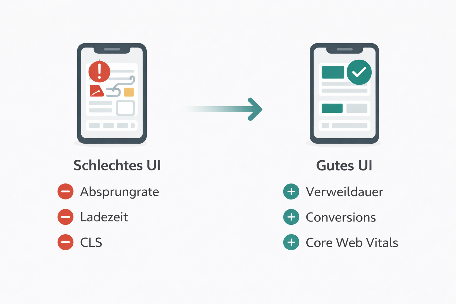 Infografik die zeigt wie User Interface Qualität die SEO Signale beeinflusst: Absprungrate, Verweildauer, Core Web Vitals