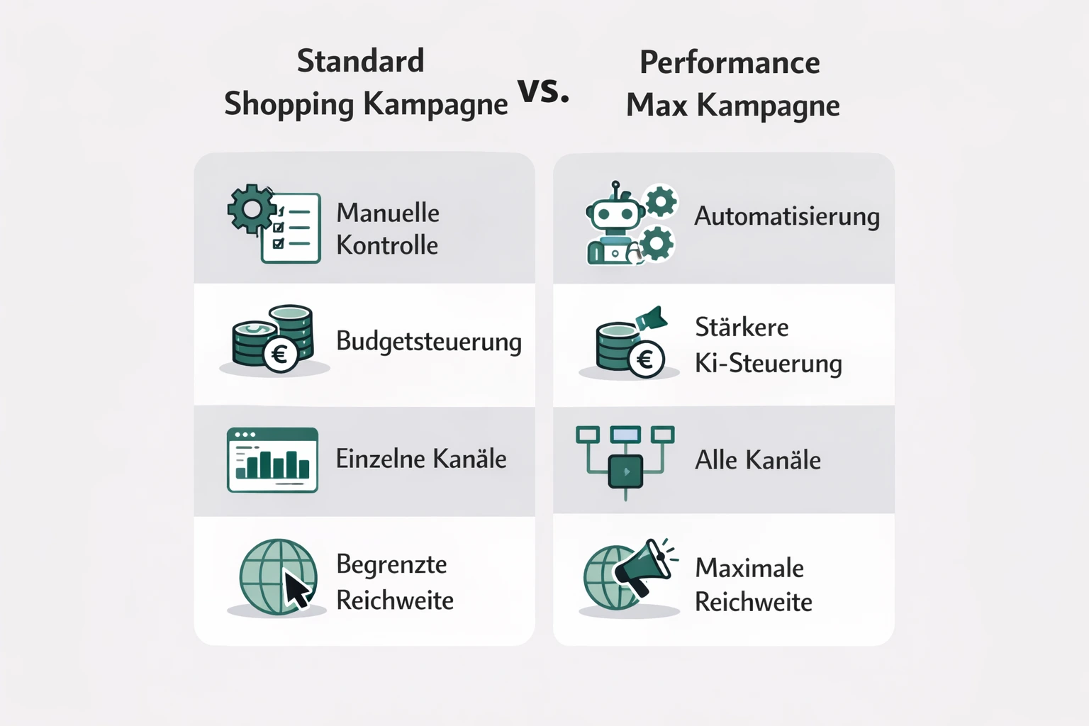 Vergleich Standard Shopping Kampagne vs Performance Max Kampagne in Google Ads