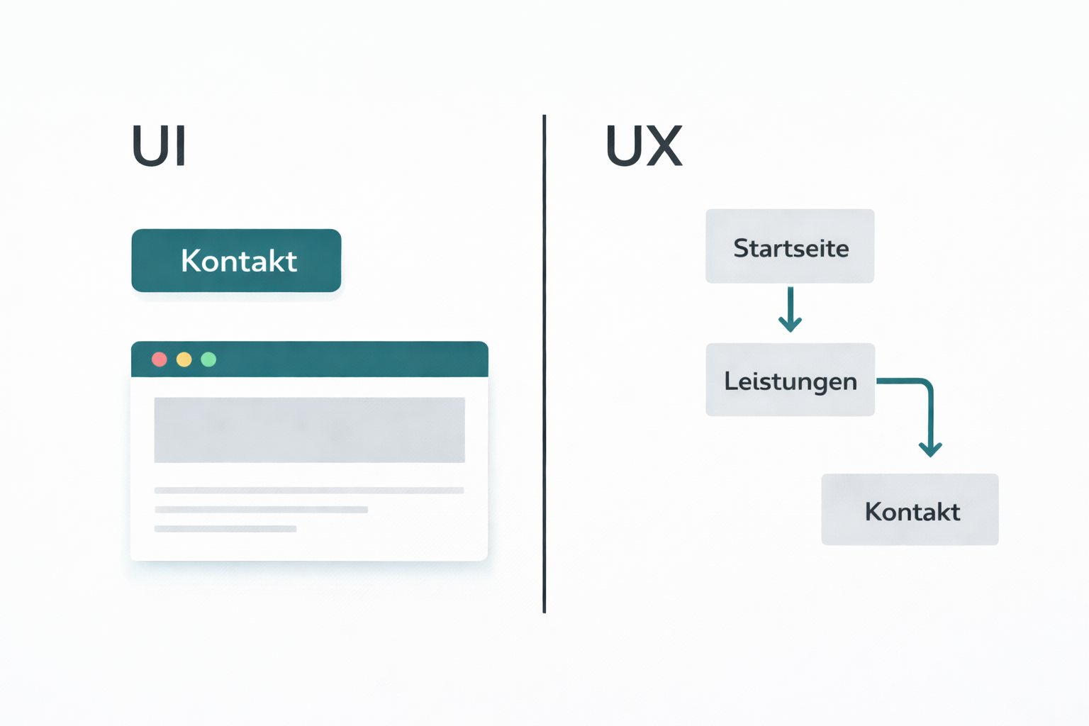 Illustration eines Kontakt-Buttons (UI) neben einem vereinfachten Nutzerfluss-Diagramm (UX) in Teal, Grau und Schwarz auf weißem Hintergrund