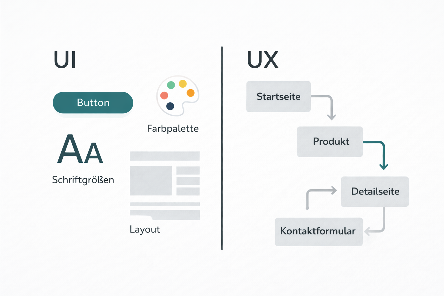Visuelle Gegenüberstellung von UI Design (Farben, Buttons, Layout) und UX Design (Nutzerfluss, Klickwege) in den Farben Teal, Grau und Schwarz