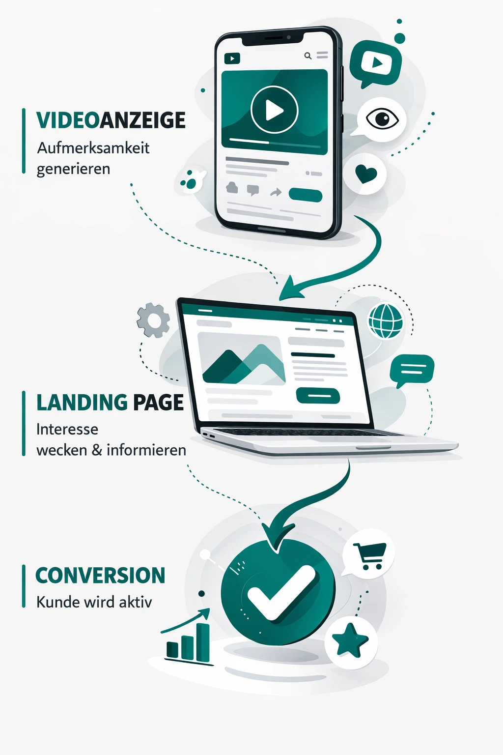Illustration: Videokampagne als Teil des Marketing Funnels mit Pfeilen von Video zu Website zu Conversion