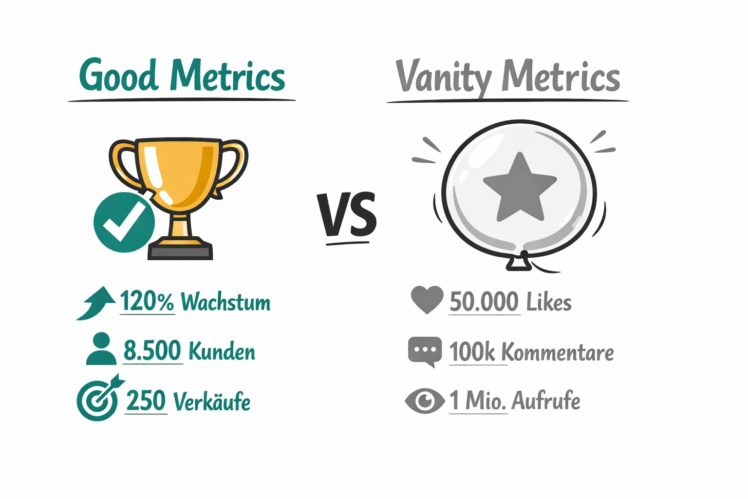 Vergleichsillustration Good Metrics vs. Vanity Metrics