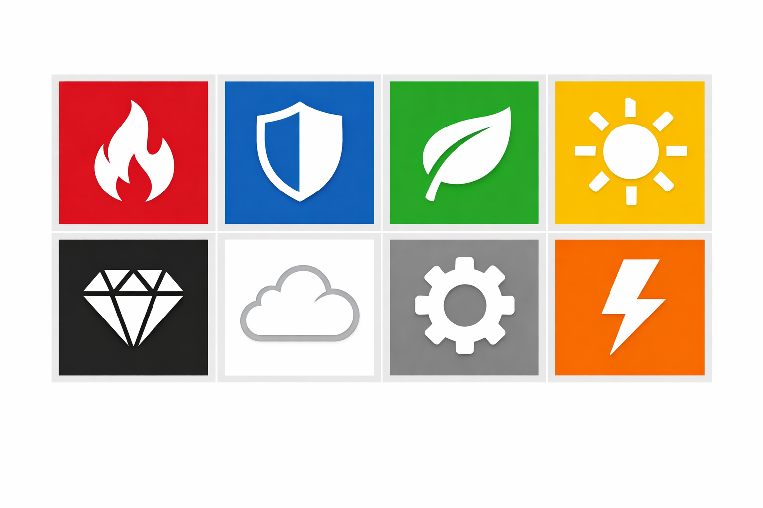 Acht Farben mit ihren Assoziationen und Icons in einem Grid-Layout