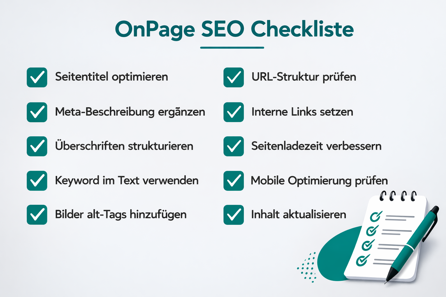 Stilisierte Checkliste für OnPage SEO Maßnahmen in Dunkelgrün und Weiß mit grafischen Checkboxen