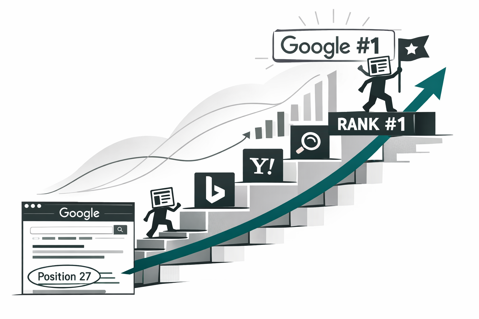 Illustration: Eine Website klettert in den Google Suchergebnissen von Seite 3 auf Platz 1, dargestellt als Treppenaufstieg mit Suchmaschinen-Icons und aufsteigenden Kurven