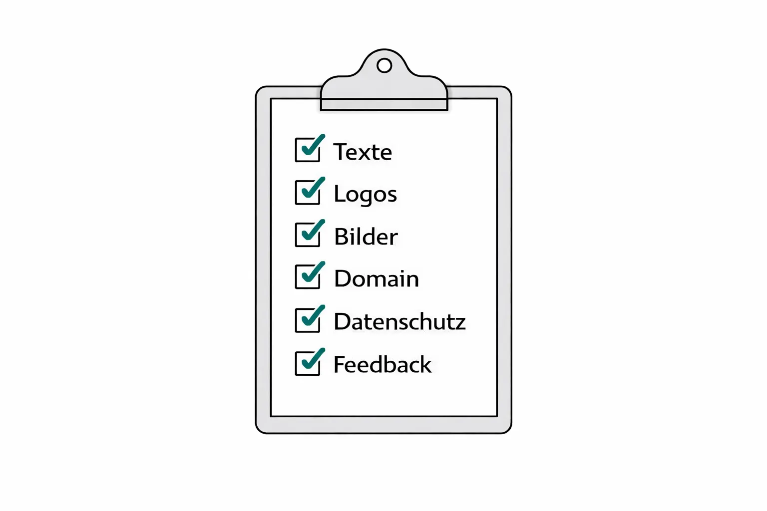 Checkliste mit Website Launch Punkten, grüne Haken in Teal, Hintergrund weiß und grau