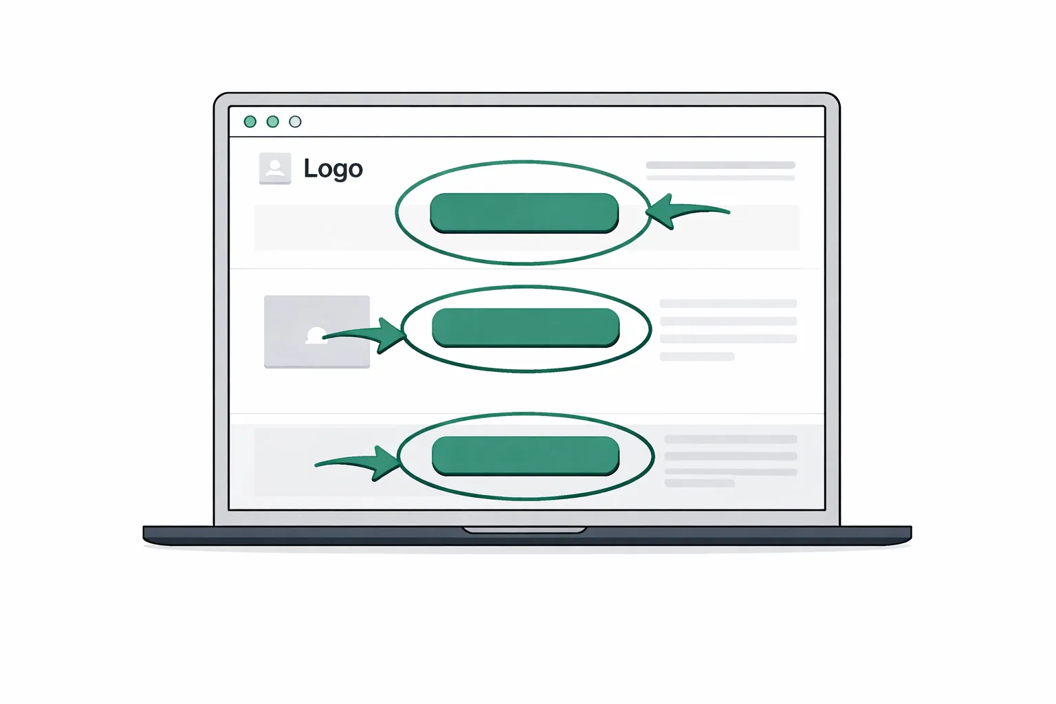 Website Mockup mit eingezeichneten CTA Positionen auf verschiedenen Seitentypen in Teal und Grau