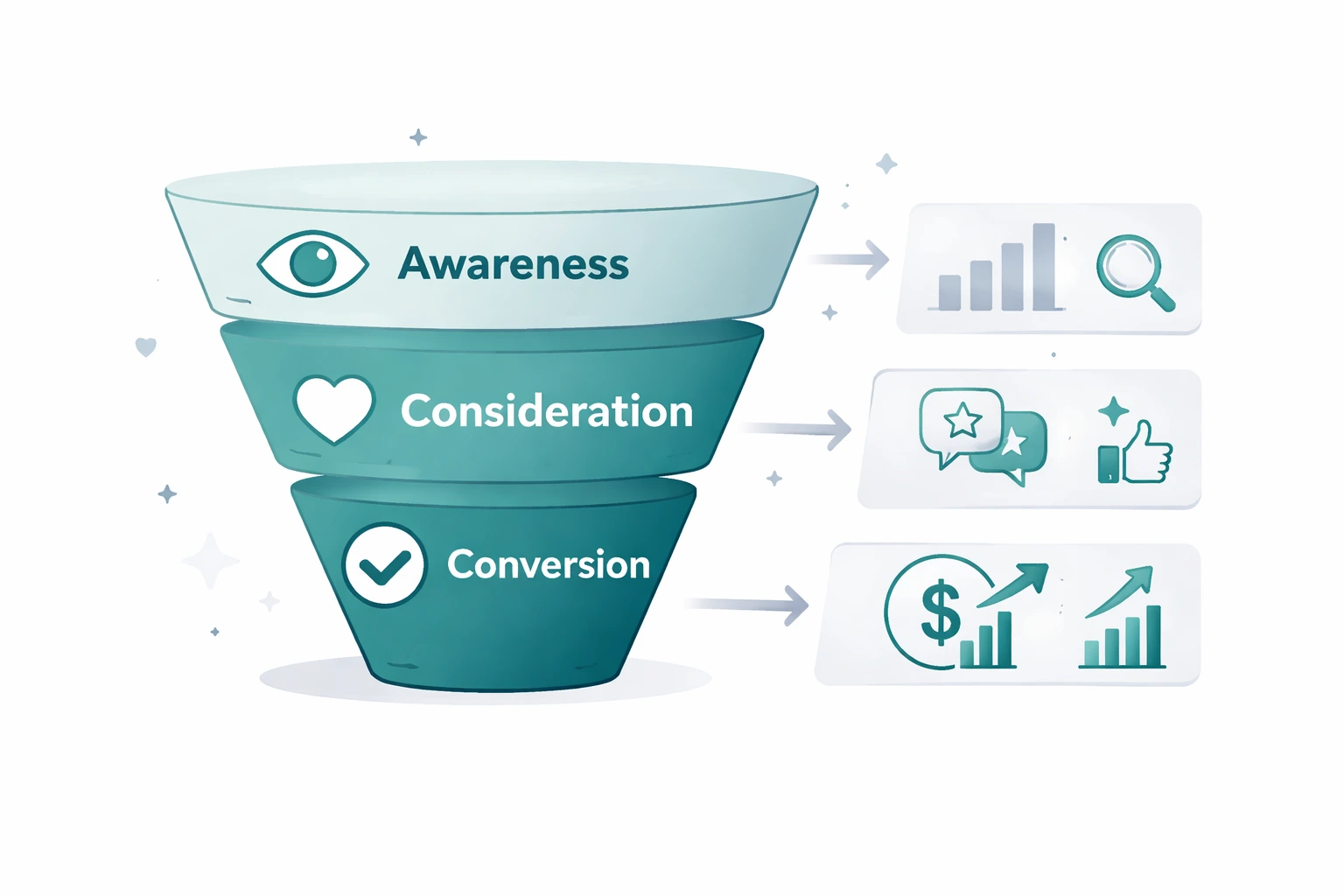 Illustration des Marketing Funnels mit zugehörigen KPI Ebenen