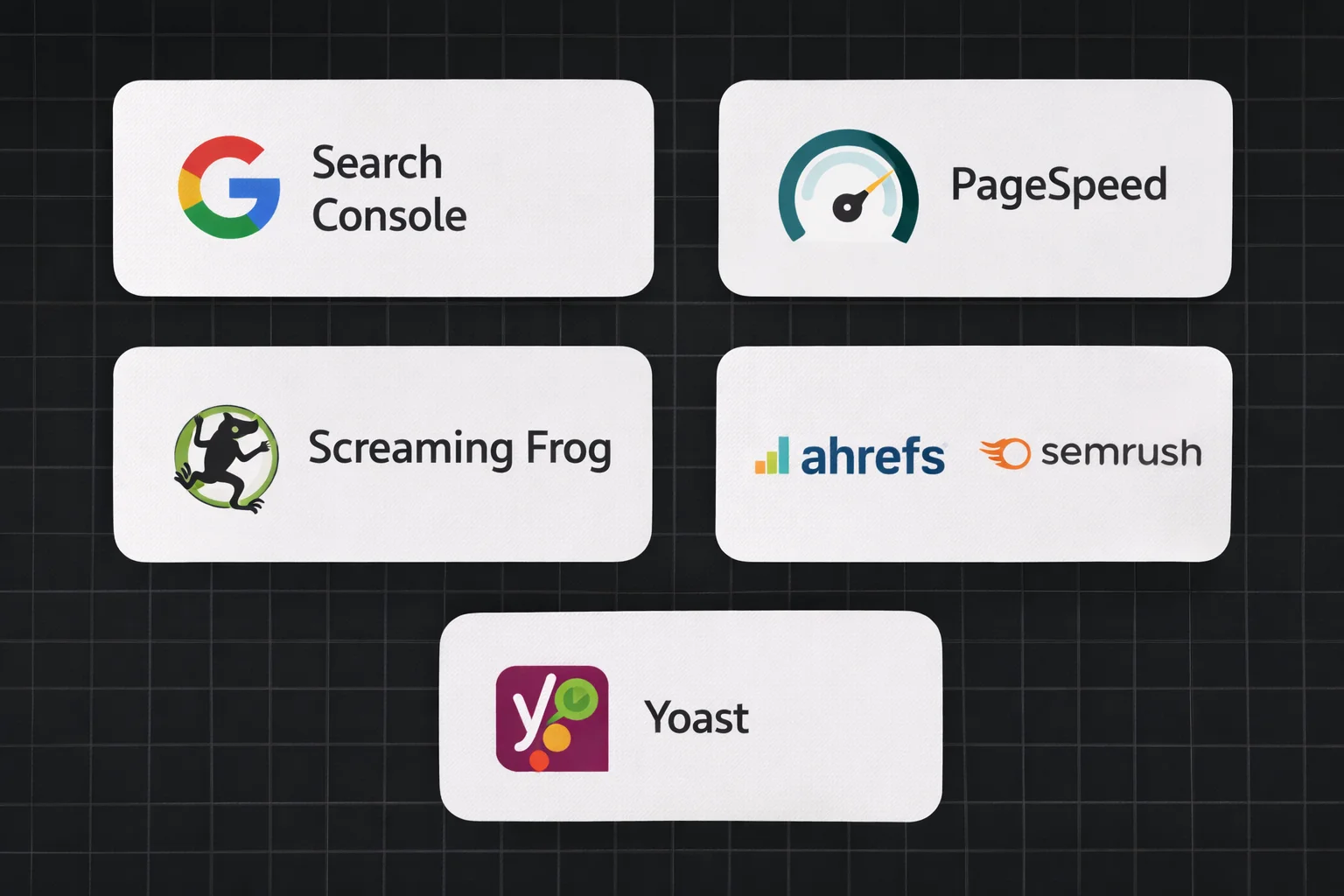 Grafische Darstellung von SEO Tools wie Search Console PageSpeed und Screaming Frog in einer Übersicht