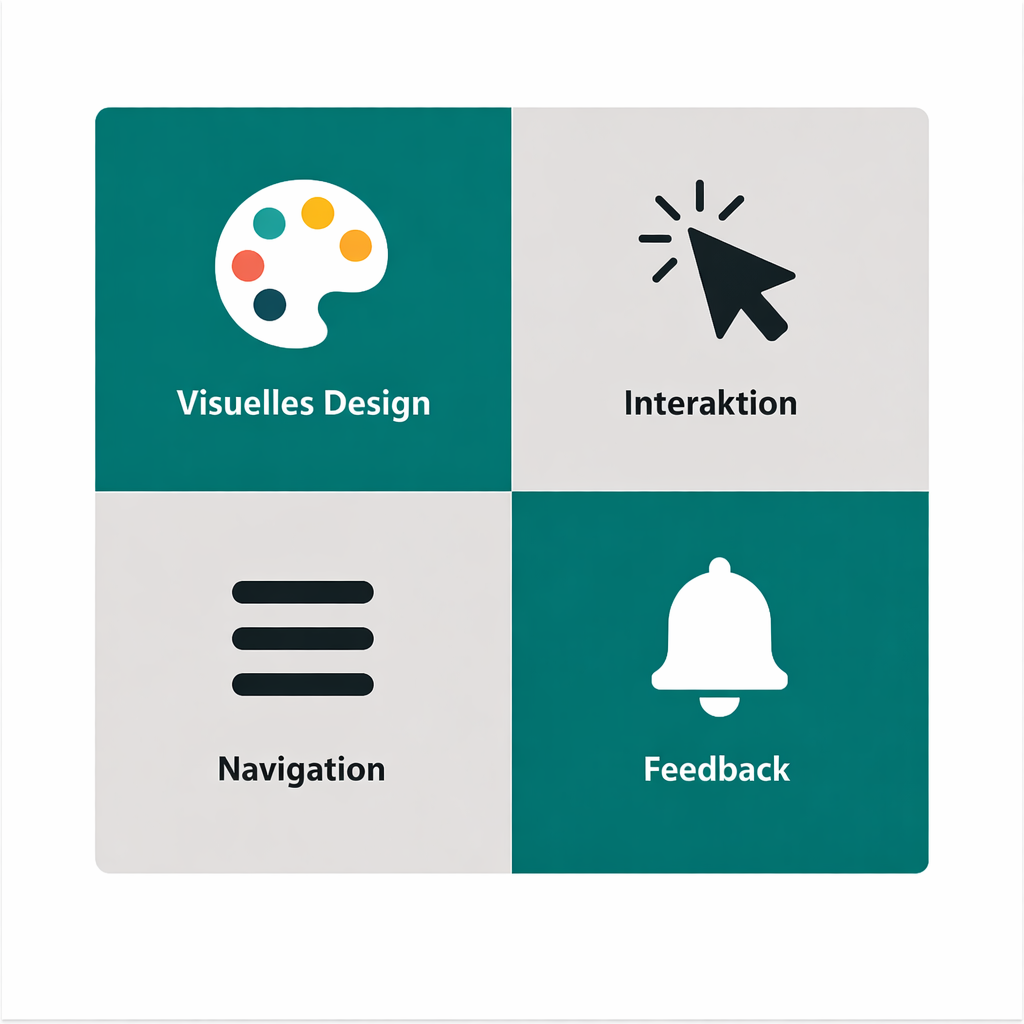 Infografik zu den Bestandteilen eines User Interface: visuelle Elemente, interaktive Elemente, Navigation und Feedback