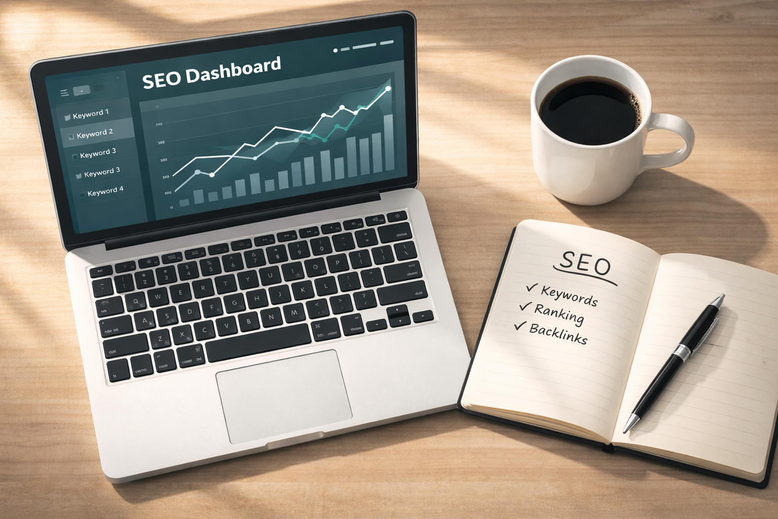 Schreibtisch von oben mit Laptop, Notizblock und Stift, Google Search Console auf dem Bildschirm, daneben ein Kaffeebecher und Post-its mit SEO Begriffen – Stimmung: fokussiertes Arbeiten zuhause