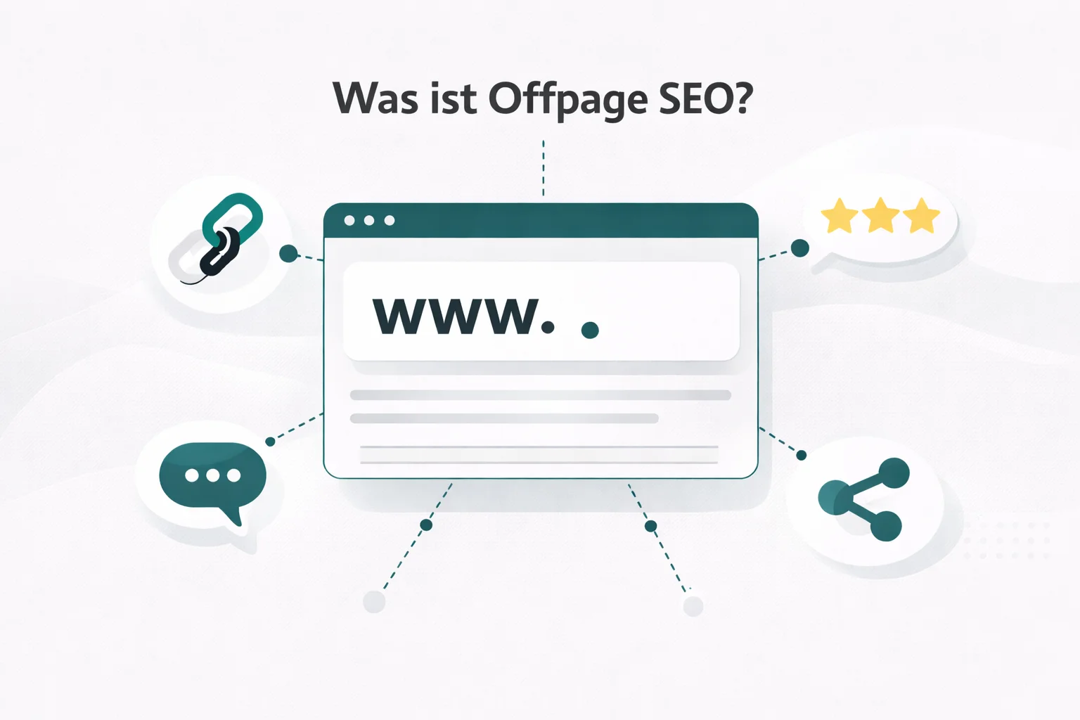 Illustration zeigt eine Website im Zentrum, umgeben von externen Signalen wie Backlinks, Bewertungen und Social Media Erwaehnungen