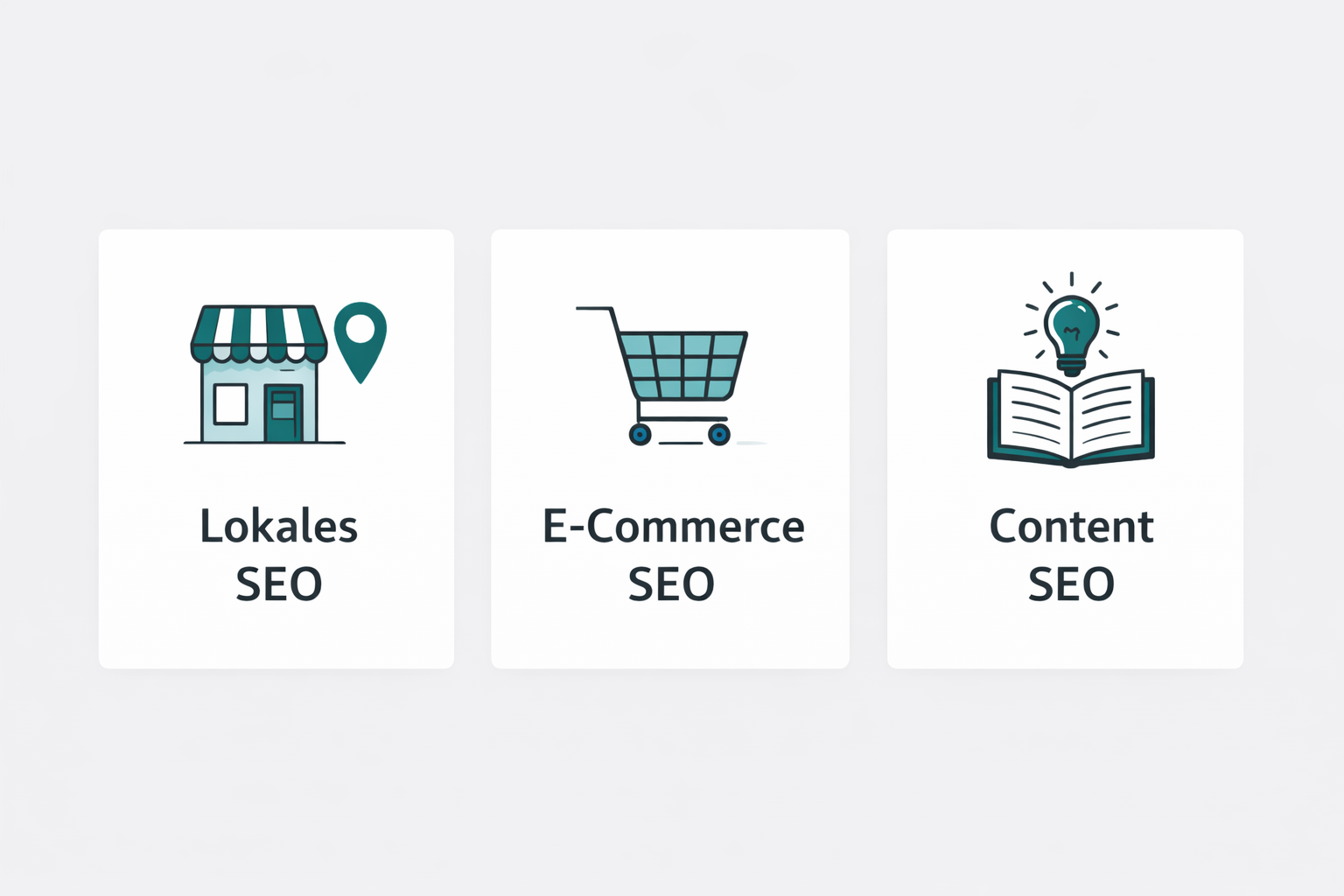 Drei nebeneinander liegende Icons: ein Ladenlokal mit Standortpin für lokales SEO, ein Warenkorb für E-Commerce SEO und ein Buch mit Glühbirne für Content SEO, auf hellem Hintergrund mit dezenten Farben