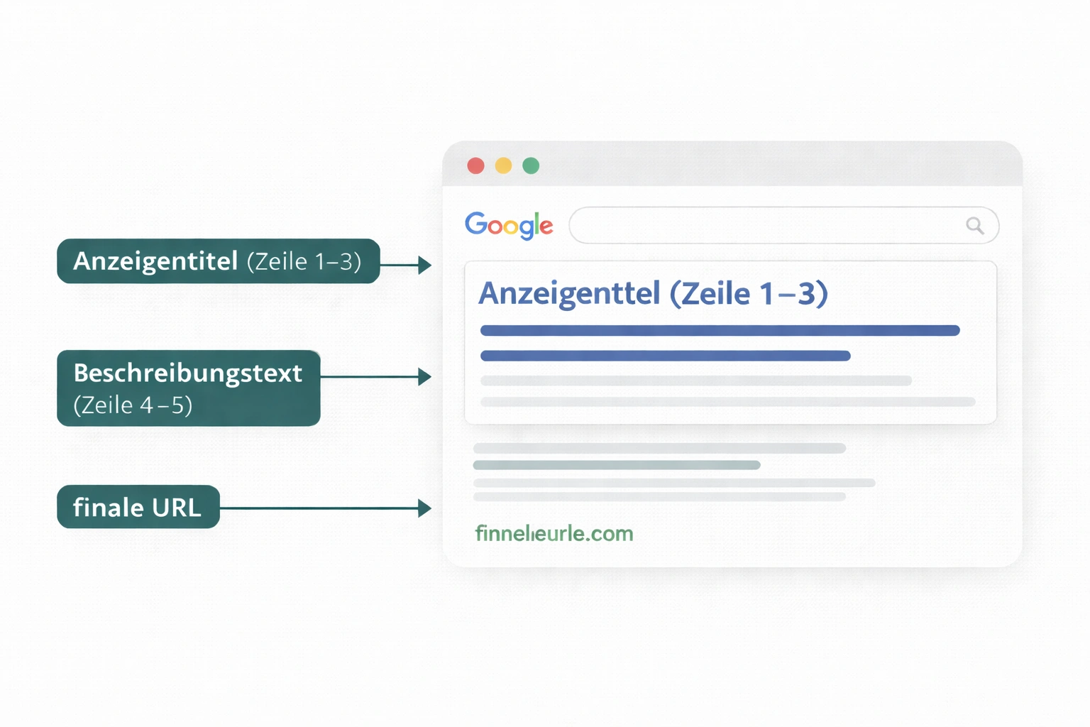 Schematische Darstellung einer Google Suchanzeige mit beschrifteten Bereichen Titel, Beschreibung und URL, in den Farben Teal und Grau auf weißem Hintergrund