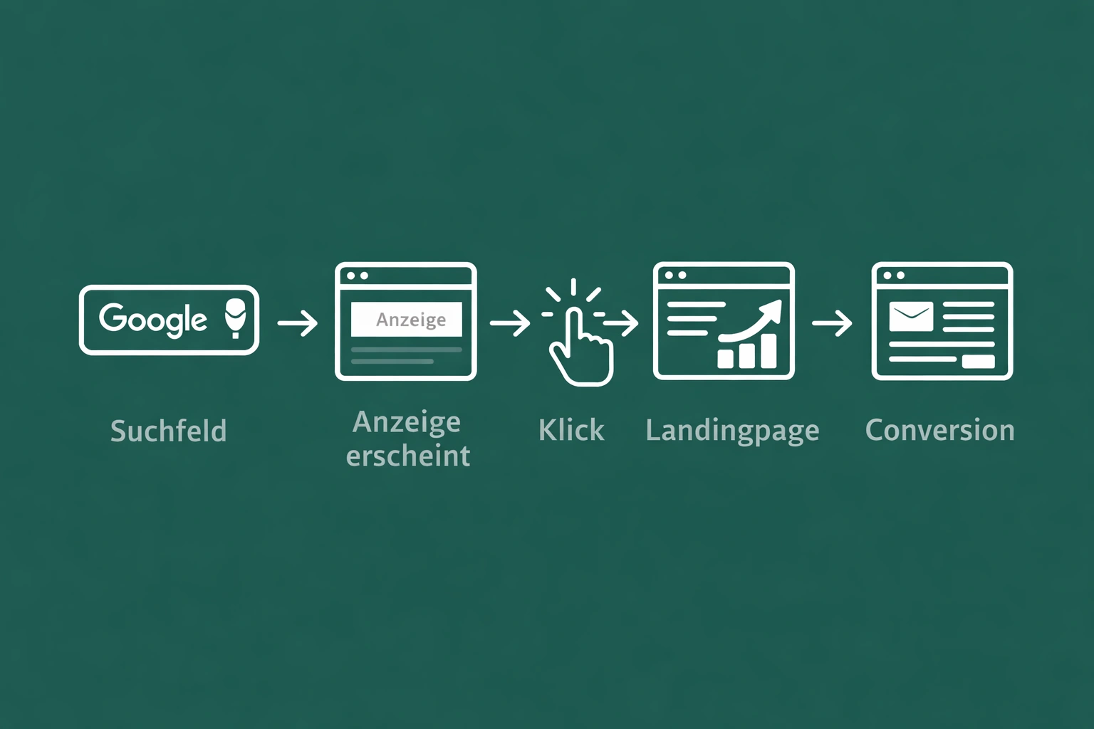 Illustrative Grafik die den Weg vom Klick auf eine Google Anzeige über die Landingpage bis zur Conversion zeigt