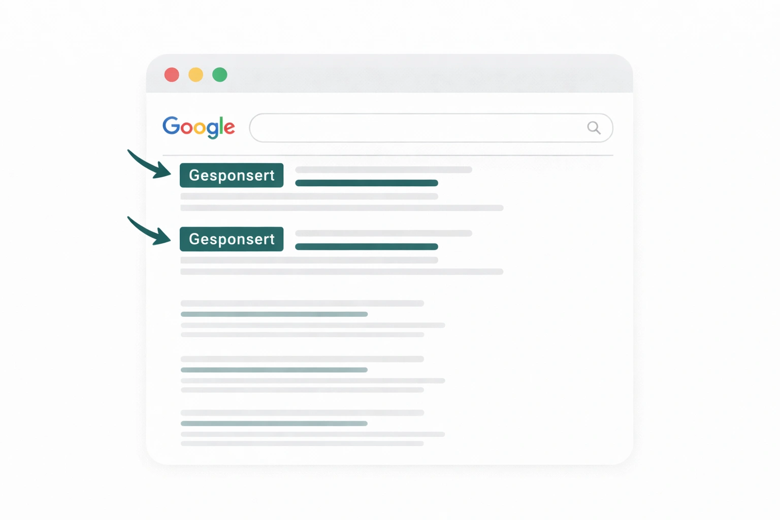 Illustration zeigt eine Google Suchergebnisseite mit hervorgehobener gesponserter Anzeige ganz oben