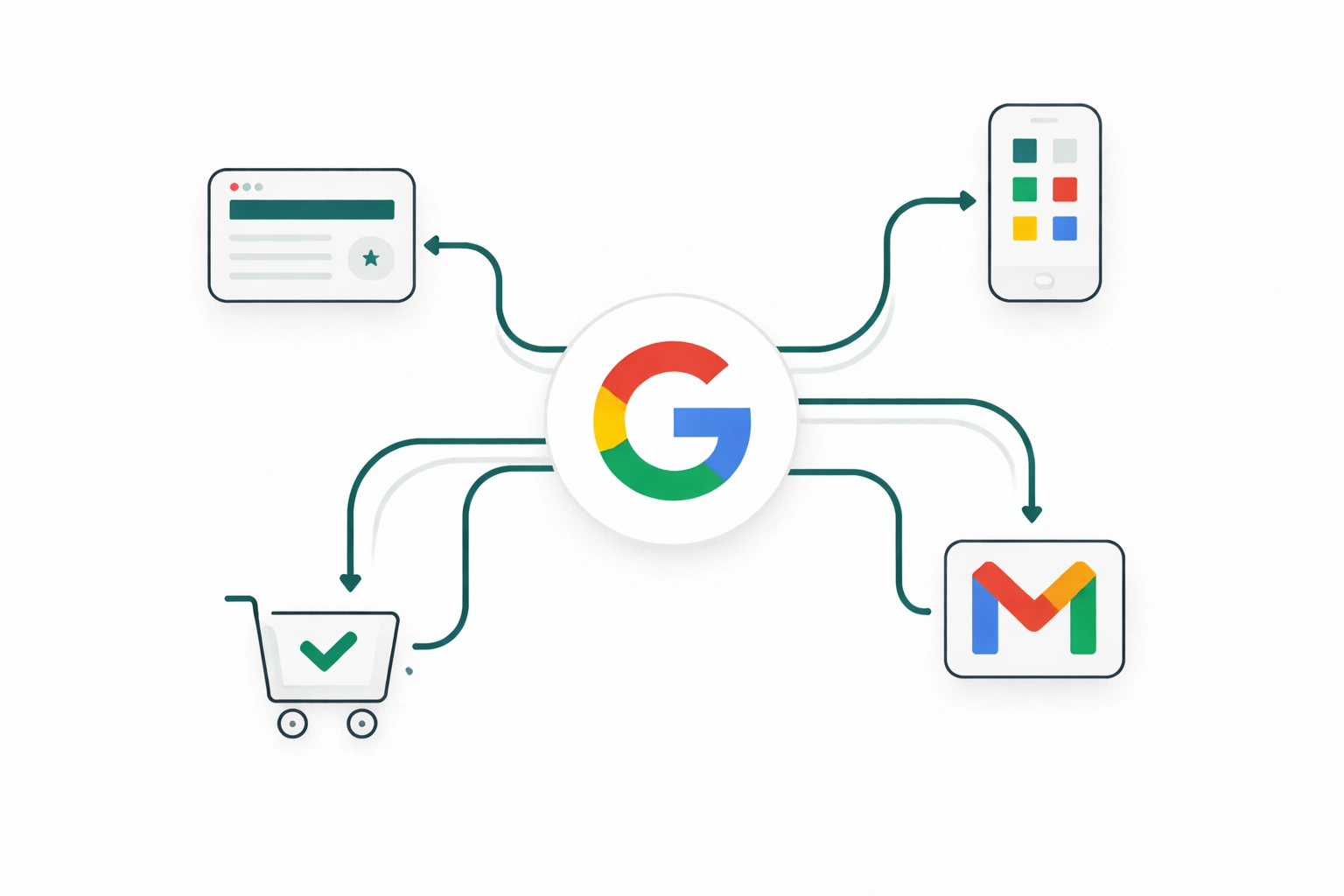 Illustrative Darstellung des Google Display Netzwerks mit Verbindungslinien zwischen verschiedenen Website und App Icons, in den Farben Teal, Grau und Schwarz
