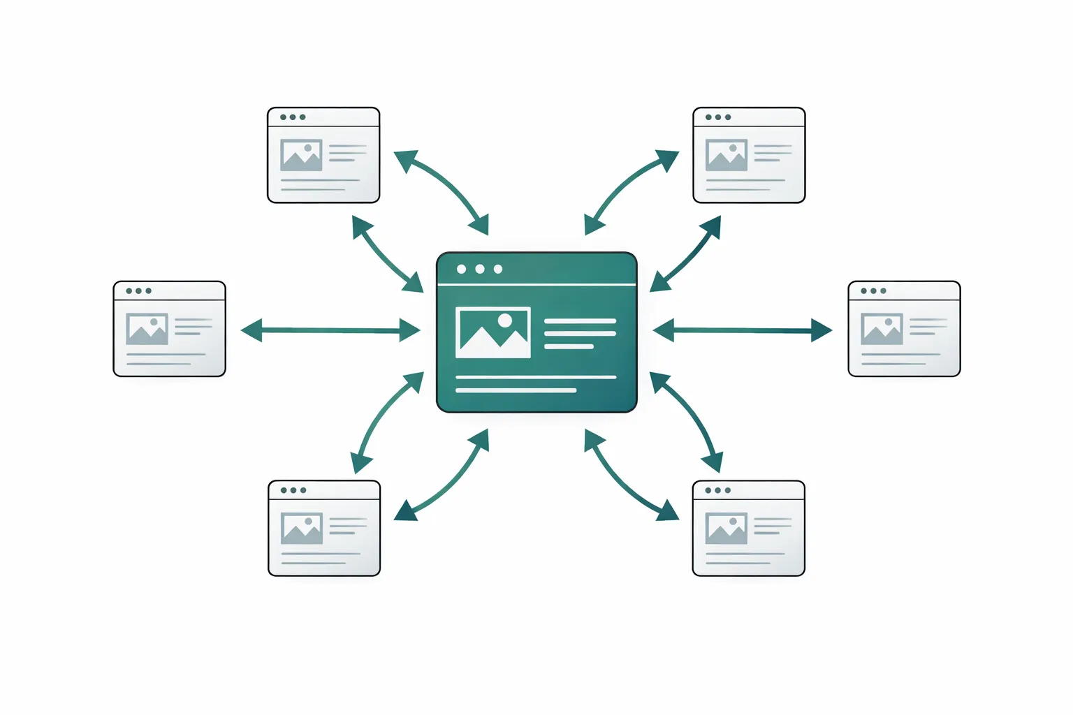 Illustration eines Netzwerks aus verlinkten Websites und Blogbeiträgen, Teal und Grau auf weißem Hintergrund