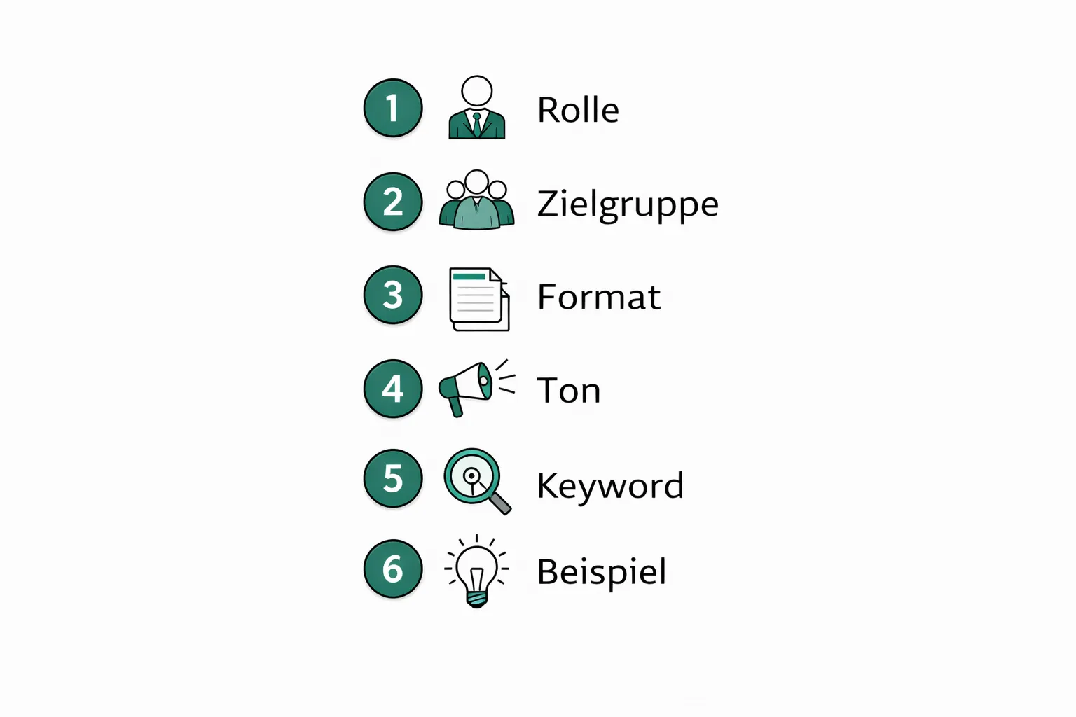 Grafische Darstellung von Prompt Tipps als nummerierte Liste mit Icons in Teal und Grau