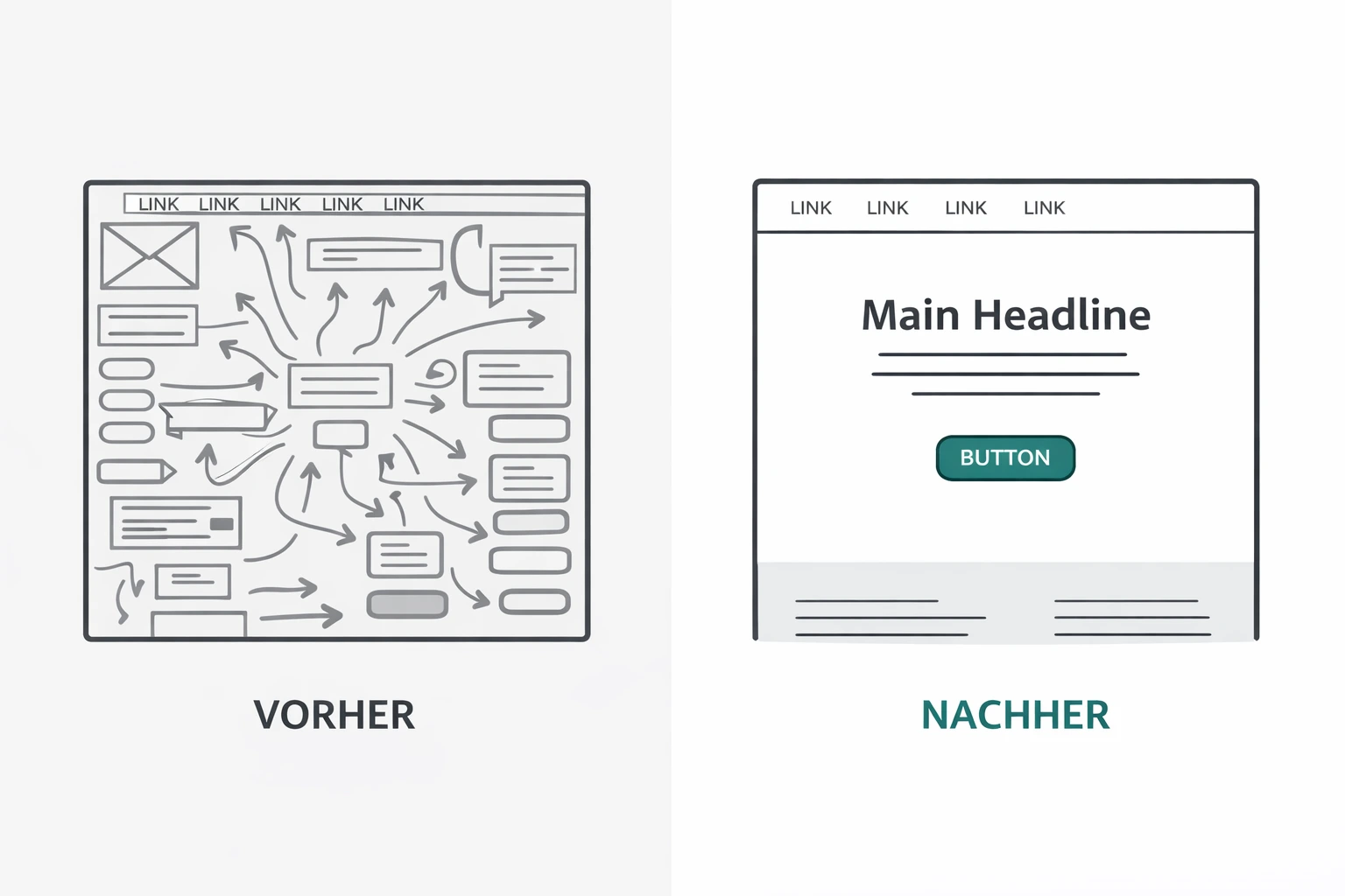 Vorher-Nachher Vergleich: Überladene Landingpage links, fokussierte Version rechts